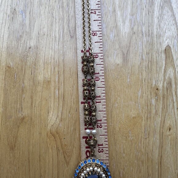 VTG Pendant Necklace 26" W Germany Porphyry Blue Art Glass Filigree Faux Pearl - Picture 11 of 12